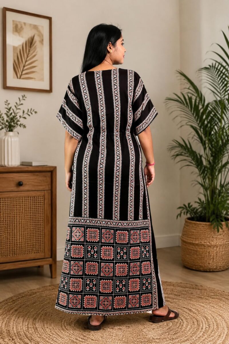 BDROX Women’s Black Cotton Kaftan Nighty Maxi Dress | Loose Fit Printed Lounge Wear | Breathable Summer Sleepwear | Free Size Comfortable House Dress - Image 6