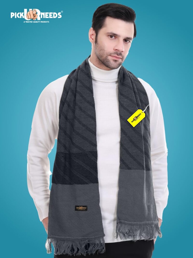 Premium Men's Warm And Stylish Woolen Muffler Angoora With Solid Color Plain Design And Stylish Tussles Ends Muffler For Men (BlackGrey) - Image 2