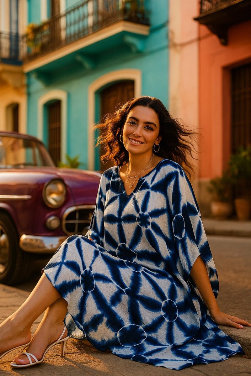 Maaesa Women Navy Blue & White Handcrafted Tie-Dye Rayon Loose Fit Kaftan Dress | V-Neck | Flowy Kaftan Style | Lightweight & Breathable Fabric | Casual Wear - Image 4