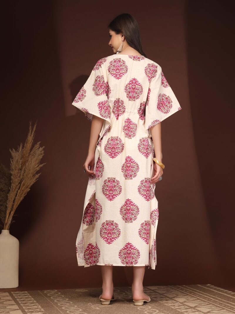 Daevish Cotton Floral Block Print Kaftan for Women, Cream and Pink, V-Neck, Batwing Sleeve, Maxi Length, Drawstring Waist - Image 2