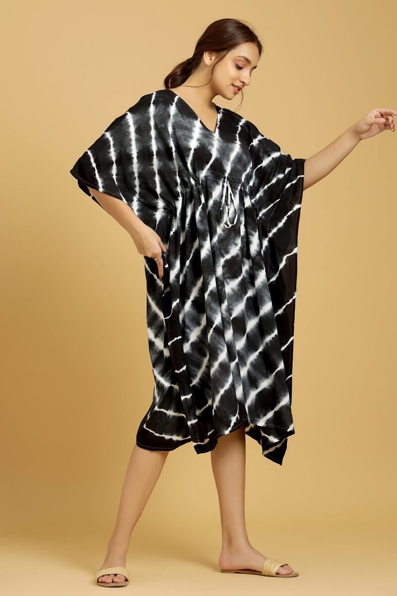 Ravaiyaa - Attitude is everything Rayon Shibori Tie Dye Short Caftan Nightwear Women's Party Dress Kaftan Maxi Gown (Black White Lahriya) - Image 2
