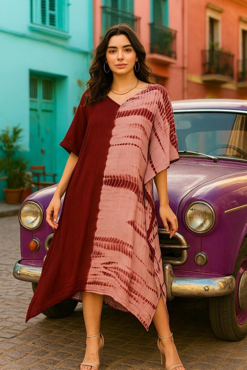 Maaesa Women Maroon Handcrafted Tie-Dye Rayon Loose Fit Kaftan Dress | V-Neck | Color Block Kaftan Style | Lightweight & Breathable Fabric | Casual Wear - Image 7