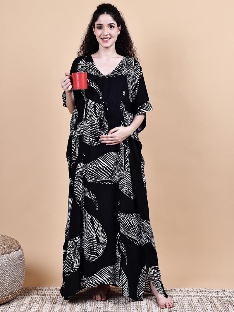 Secret Wish Rayon Maternity Kaftan Nighty/Free Size/Feeding/Nursing/Zipper/Drawstring/Full Length (Black III) - Image 8