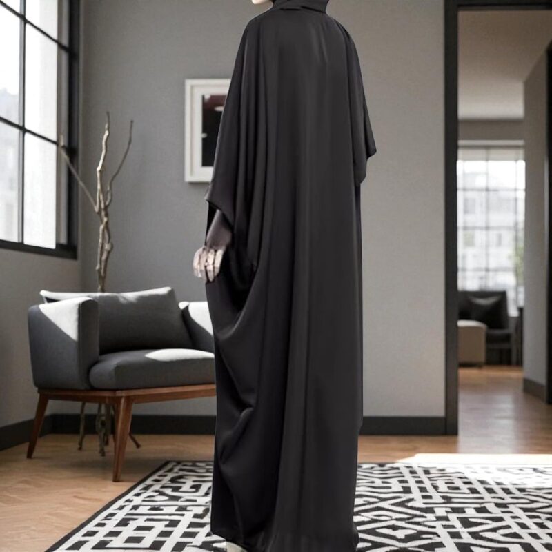 Musheco Black Kaftan Style Front-Open Abaya in Nida Satin Fabric with Zipper – One Size Modest Wear for Women - Image 2