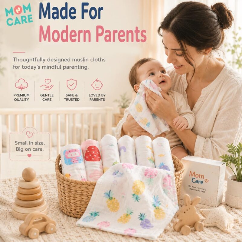 MOM CARE Muslin Cloth for New Born Baby, 6 Layer Reusable Cotton Washcloth Napkins, Face Towels, Absorbent Feeding Wipes and Burp Cloths for Baby, 30 x 30 cm, Pack of 5 - Image 6