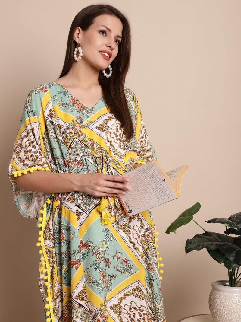 Secret Wish Women Maxi Rayon Yellow Printed Maternity Kaftan Free Size - Image 7