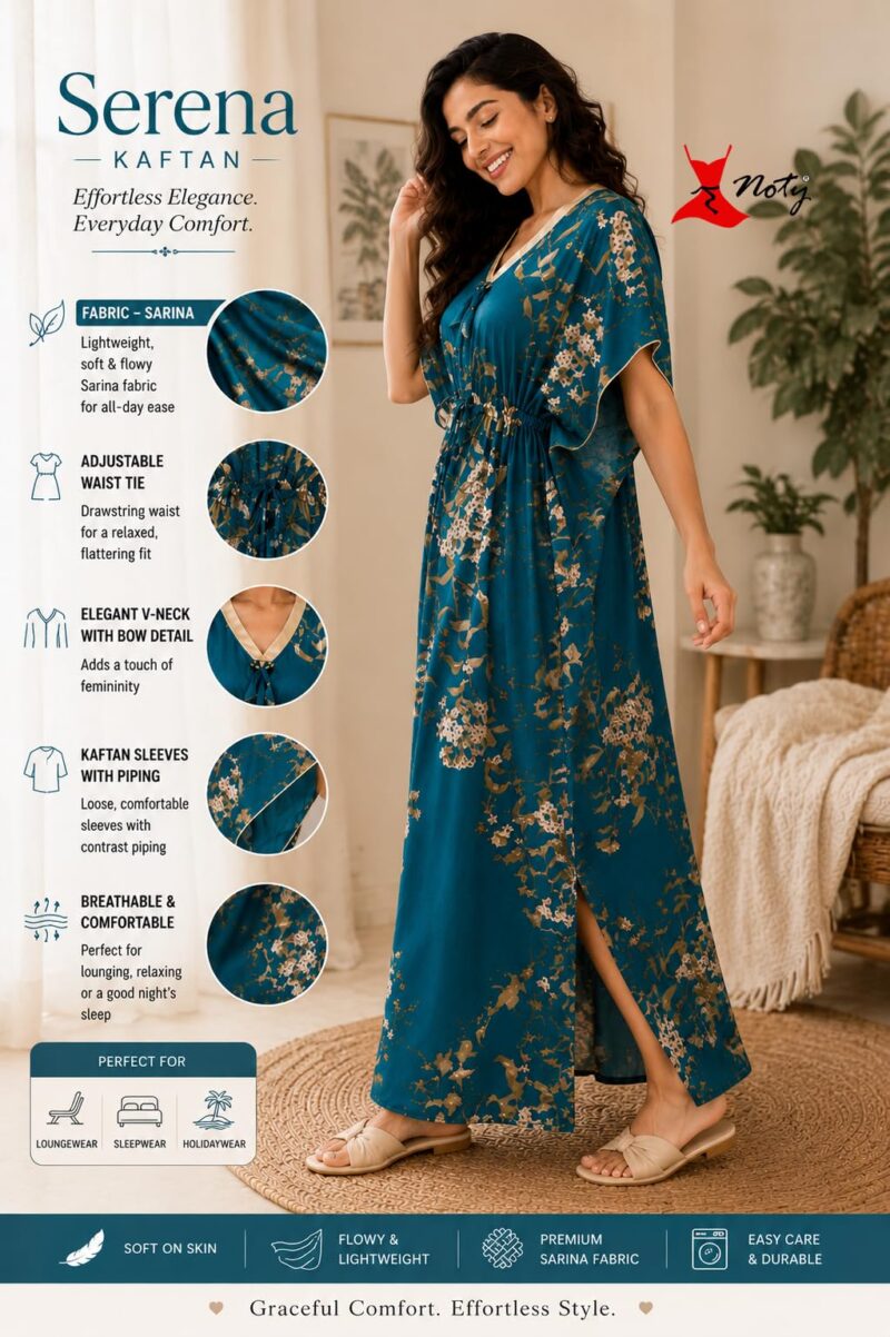 Noty® Women’s Printed Kaftan Nightwear | Long Lounge Dress with Drawstring Waist | Soft Lightweight V-Neck Nightdress for Women Teal - Image 2