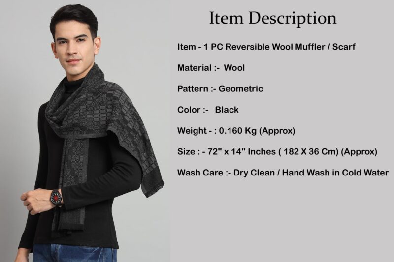 Ravaiyaa - Attitude is everything Men's Geometric Pattern Casual Muffler Winter Wool Long Scarf 72"x14" Inch (Black) - Image 7
