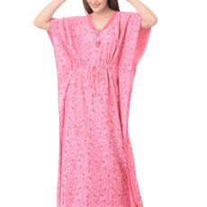Noty Women's Soft Cotton Kaftan Maxi Nightgown Nighty Nightdress Nightwear - Cotton -V-Neck- Floral (Free Size, Rose Pink)