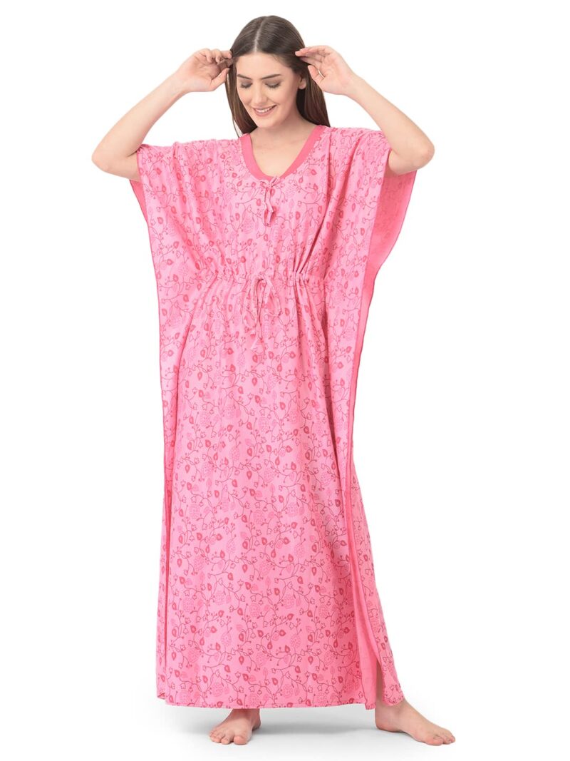 Noty Women's Soft Cotton Kaftan Maxi Nightgown Nighty Nightdress Nightwear - Cotton -V-Neck- Floral (Free Size, Rose Pink)
