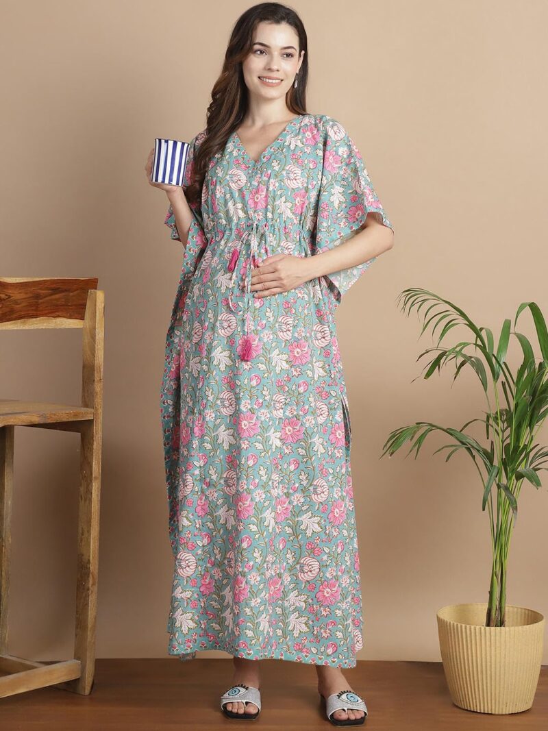 Secret Wish Light Green Floral Cotton Maternity & Feeding Kaftan for Women | Loose Fit Nursing Nighty with Zipper | Calf Length Pregnancy Night Dress for New Moms - Image 5