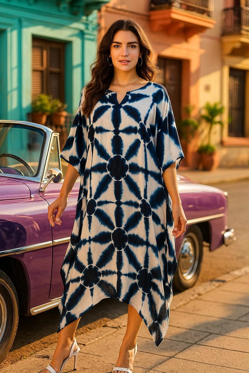 Maaesa Women Navy Blue & White Handcrafted Tie-Dye Rayon Loose Fit Kaftan Dress | V-Neck | Flowy Kaftan Style | Lightweight & Breathable Fabric | Casual Wear - Image 8