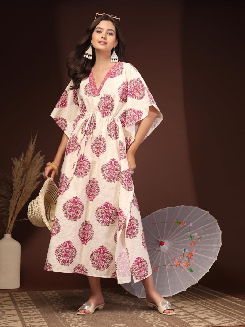 Daevish Cotton Floral Block Print Kaftan for Women, Cream and Pink, V-Neck, Batwing Sleeve, Maxi Length, Drawstring Waist - Image 4