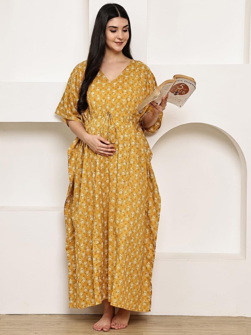 Secret Wish Mustard Floral Cotton Maternity Kaftan & Feeding Kaftan| Loose Fit Nursing Nighty with Zipper | Pregnancy Dress - Image 7