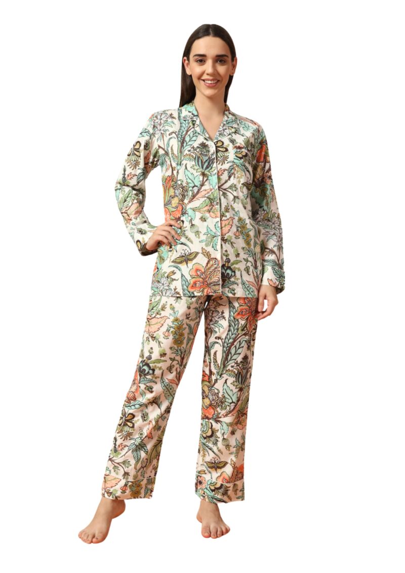 Ravaiyaa Women White Floral Printed Pure Cotton Night Suit | Printed Night Suit | Comfortable Cotton Night Dress & Sleepwear | Cozy Pyjama Set | Cotton Night Suit