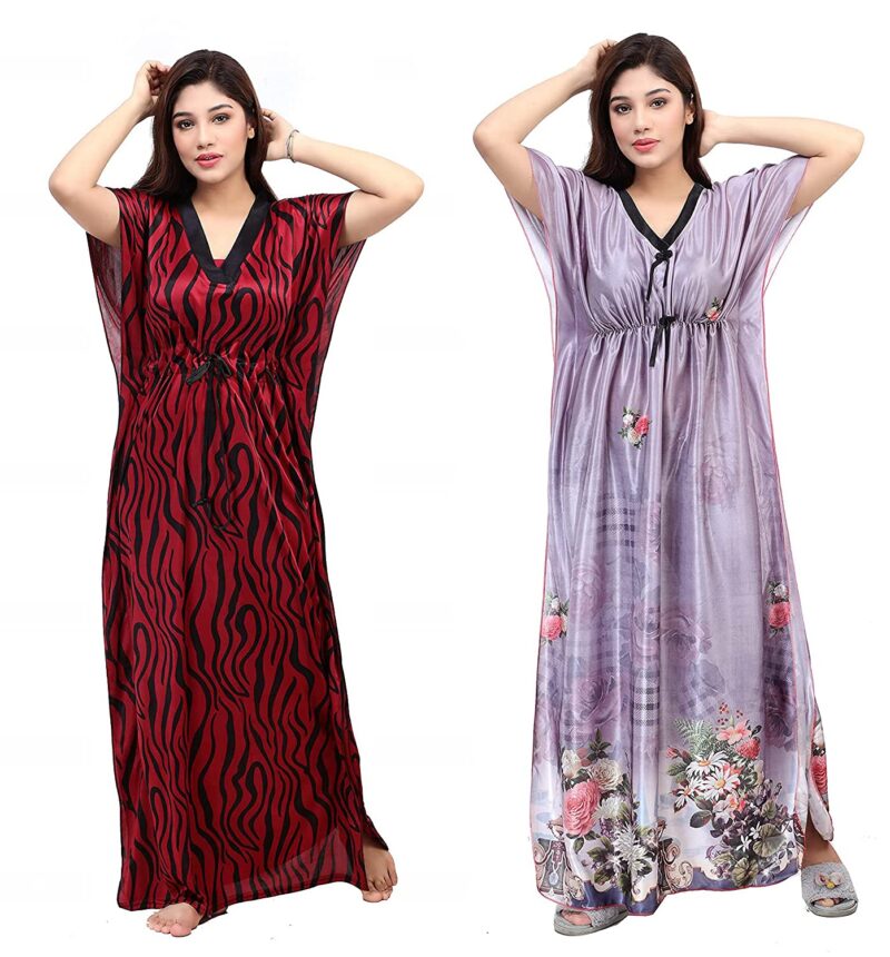 G4Girl Women's Silk Geometric Print Maxi Kaftan Night Gown (Pack of 2) (Night Gown_Maroon Grey_Free Size)