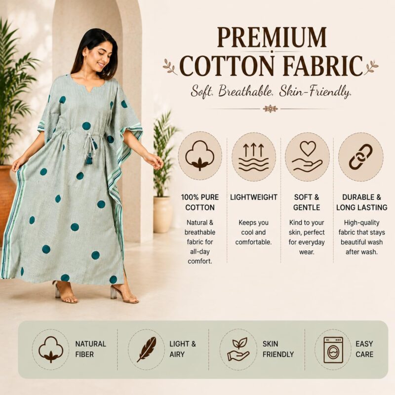 Navyas Fashion Bagru Polka Dot Printed Cotton Kaftan Dress, Pure Cotton, Full Length, Notched Neckline, Drawstring with Tassels, 2 Side Slits (IN, Alpha, M) - Image 4