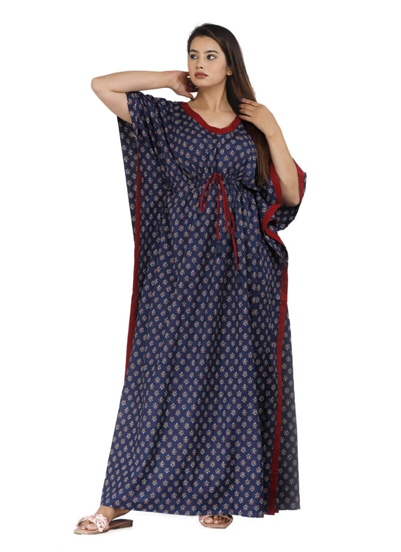 Urali Women's Printed 100% Cotton Maxi Kaftan (Navy Blue, Free Size) - K110