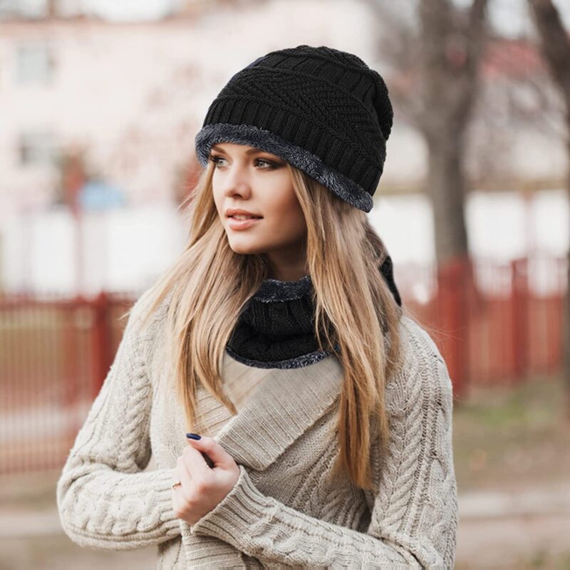 Wearslim Wool Premium Warm Knit Casual Style Hats, Skull Cap With Neck Warmer Winter Wear Beanie Hats Scarf Set For Men And Women - Black, One Size - Image 7