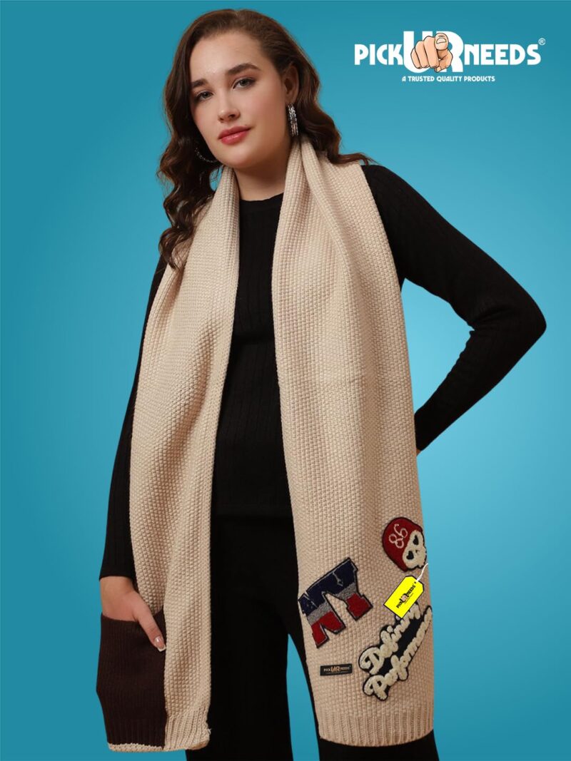 Women Winter Woolen Muffler with Trendy Patch Design Soft Warm Knitted Scarf for Girls & Ladies Stylish Casual Mufflers (Cream) - Image 2