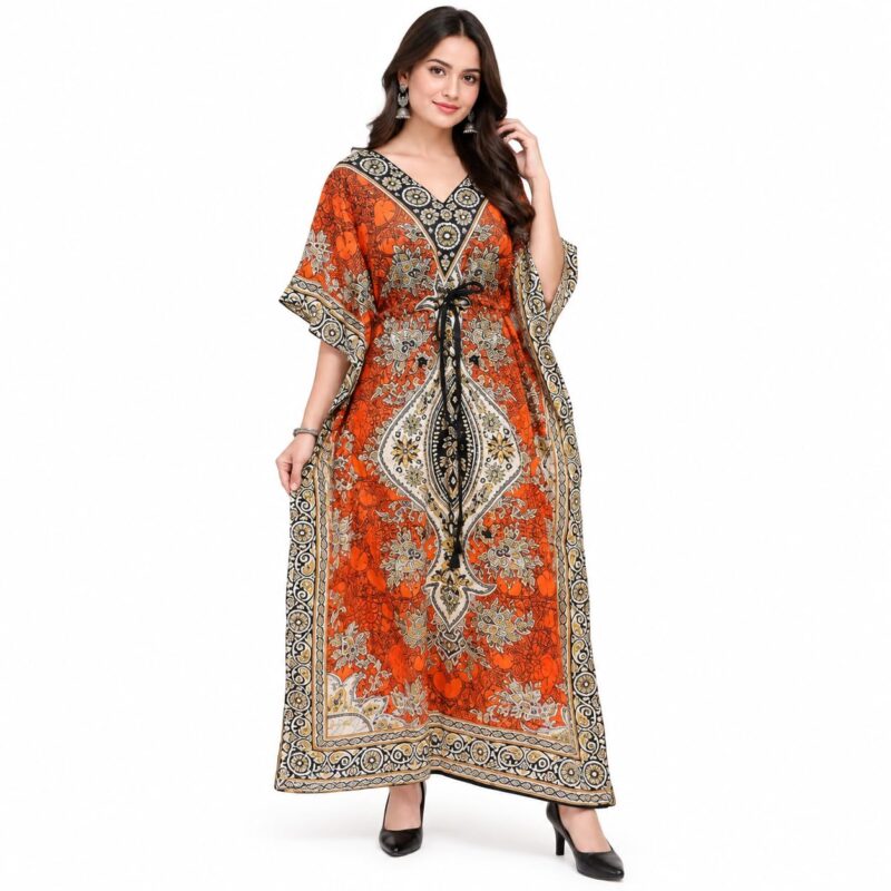 Women's Boho Kaftan Maxi Dress, Orange Ethnic Print with Belt