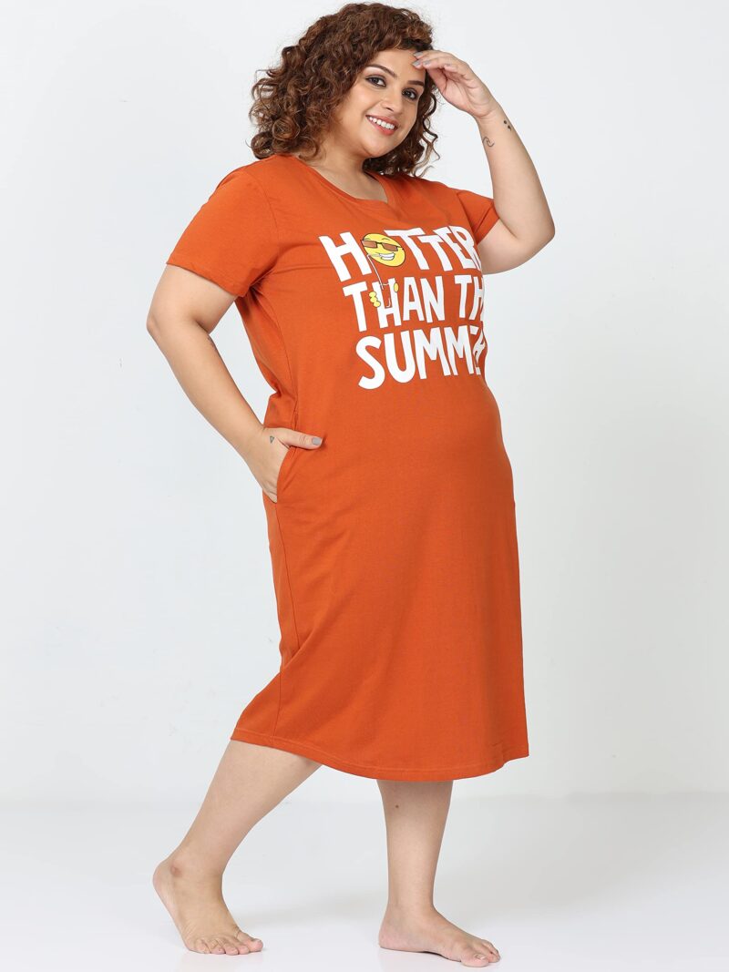 9shines Label For Women Hosiery Cotton Stylish Plus Size Short Nighty | Knee Length Night Dress with Pocket | Graphic Print Nightwear for Daily and Lounge Wear (9SPMY23-SO-L), Orange - Image 4