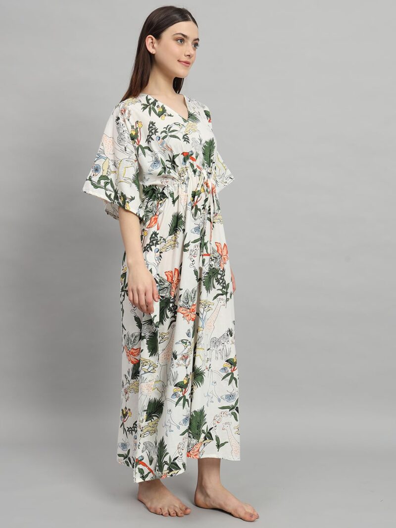 Ravaiyaa - Attitude is everything Women's 100% Cotton Printed Kimono Sleeves V-Neck with Adjustable Drawstring Long Kaftan (White Green) - Image 3