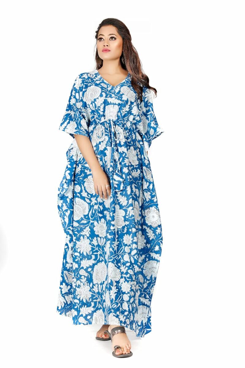 Shri Ganesh Impex Maxi Kaftan for Women, Pure Cotton Nighty, Loungewear Kaftan | Hand Block Printed Women Nighty | Free Size Blue - Image 4
