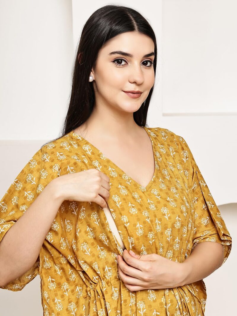 Secret Wish Mustard Floral Cotton Maternity Kaftan & Feeding Kaftan| Loose Fit Nursing Nighty with Zipper | Pregnancy Dress - Image 4