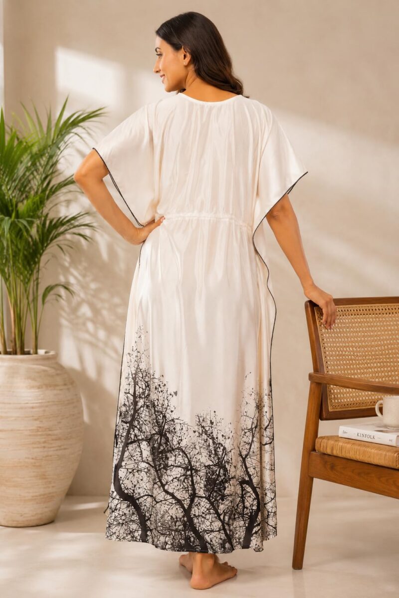 Noty ® Women's Kaftan Nighty | Digital Print | Satin Fabric | V Shaped Neck Nightwear | Nightdress for Girl (Cream, Free Size) - Image 4