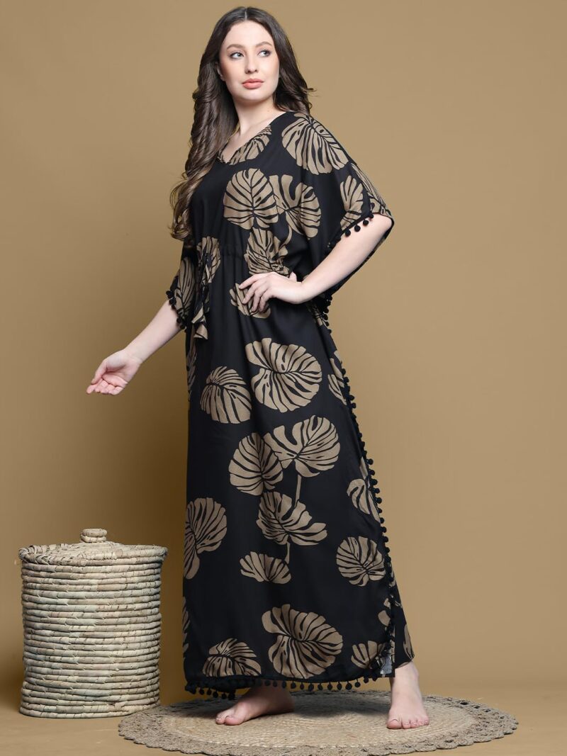 Secret Wish Black Floral Rayon Kaftan Full Length - Image 3