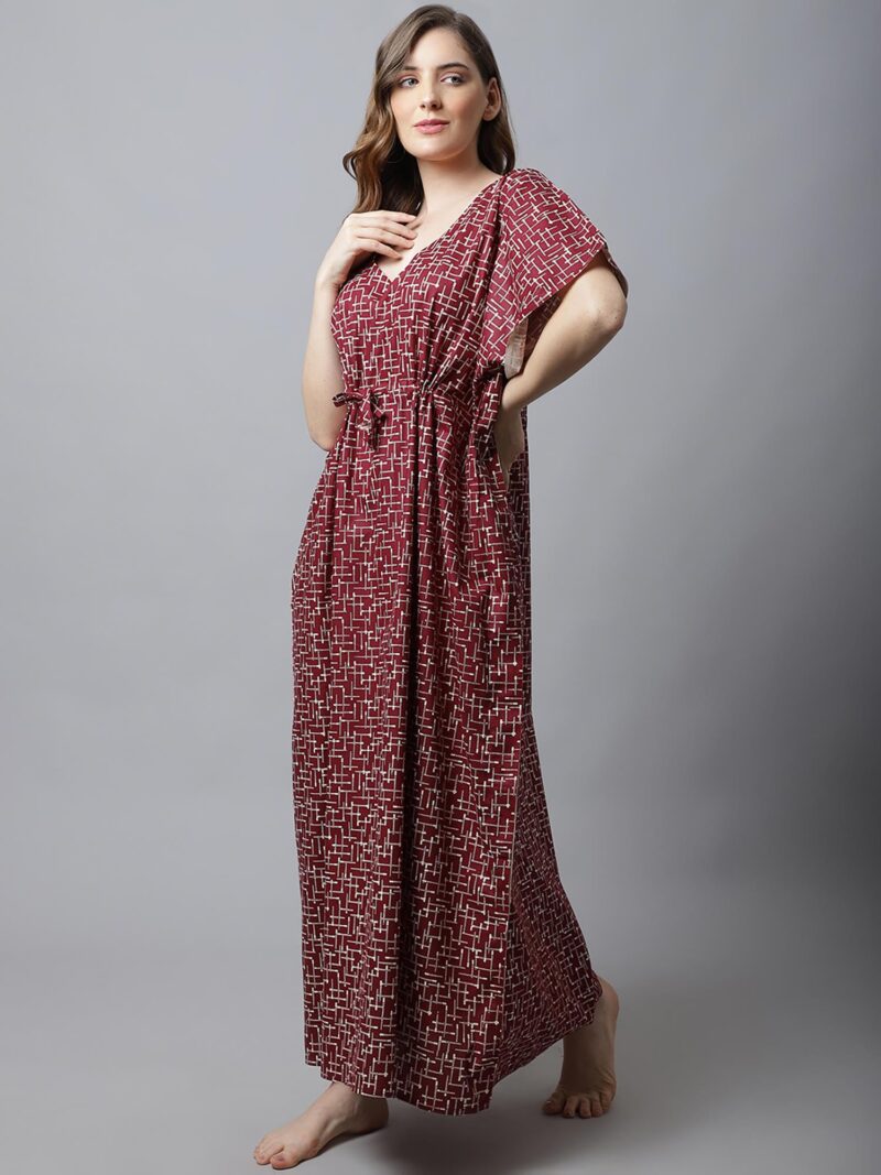 Secret Wish Women's Cotton Printed Maroon Kaftan Maxi Nighty, Free Size - Image 2
