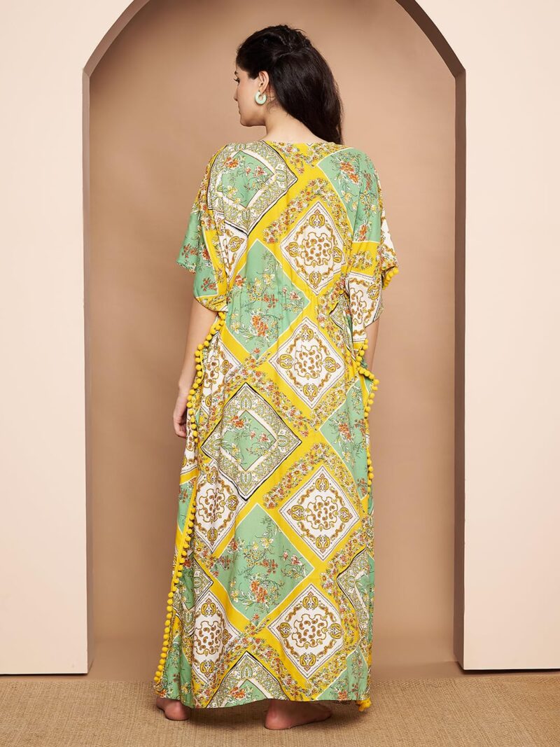 Secret Wish Yellow Geometric Print Rayon Kaftan/Free Size/Printed/Drawstring/Full Length - Image 5