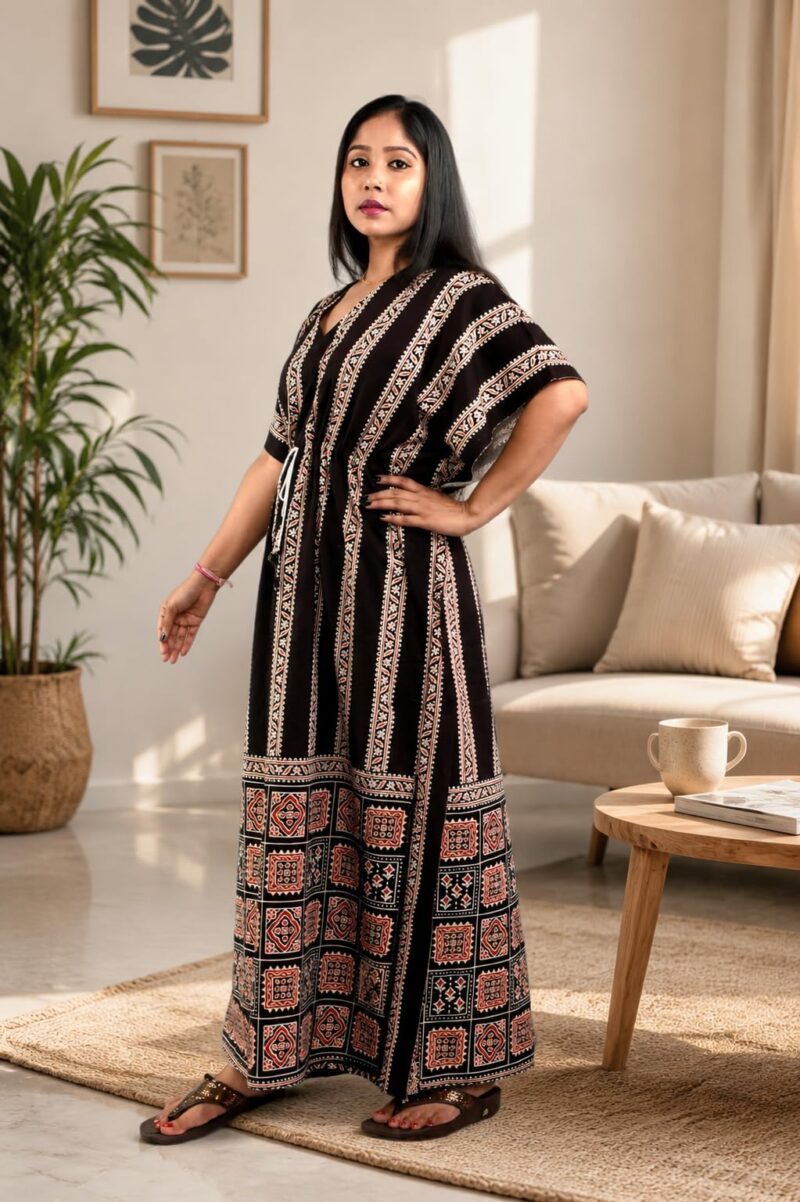 BDROX Women’s Black Cotton Kaftan Nighty Maxi Dress | Loose Fit Printed Lounge Wear | Breathable Summer Sleepwear | Free Size Comfortable House Dress - Image 4
