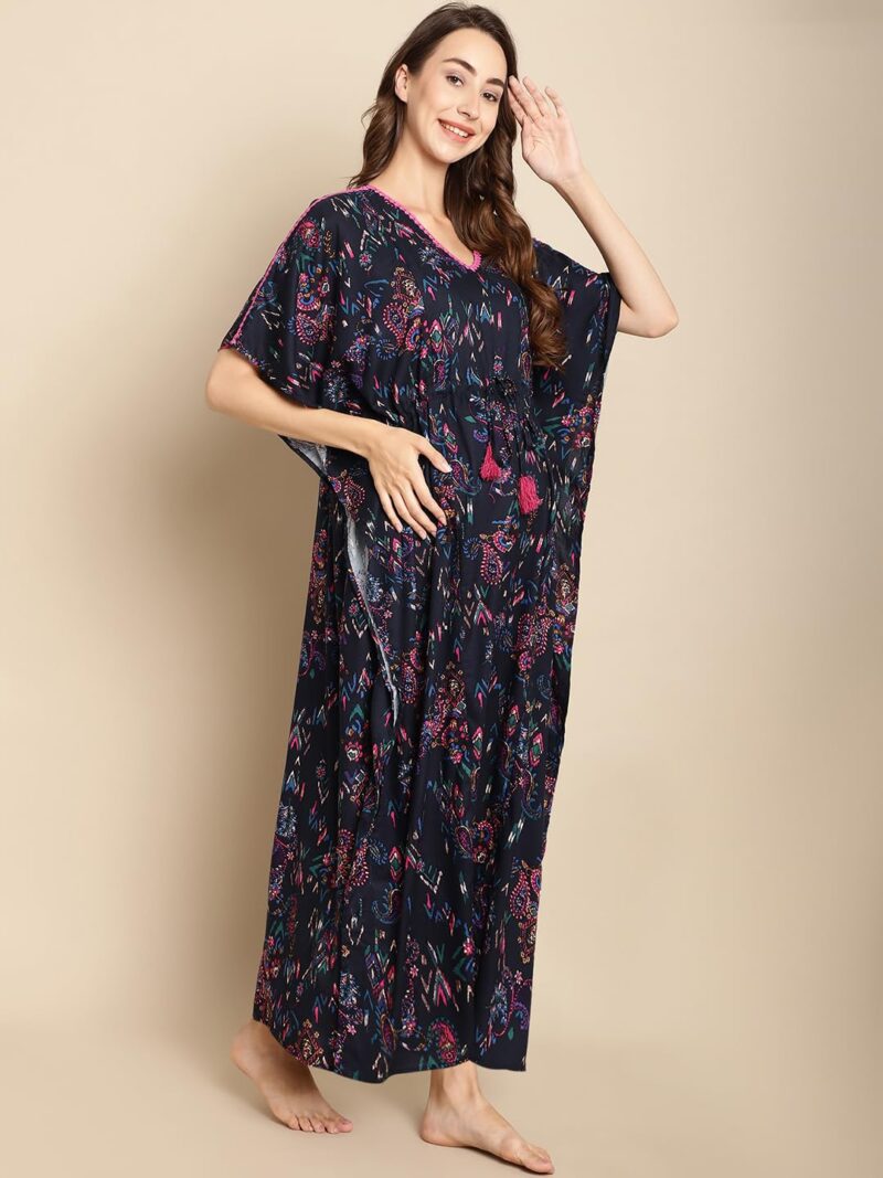 Secret Wish Women Rayon Floral Navy Blue Maxi Maternity Kaftan - Image 2