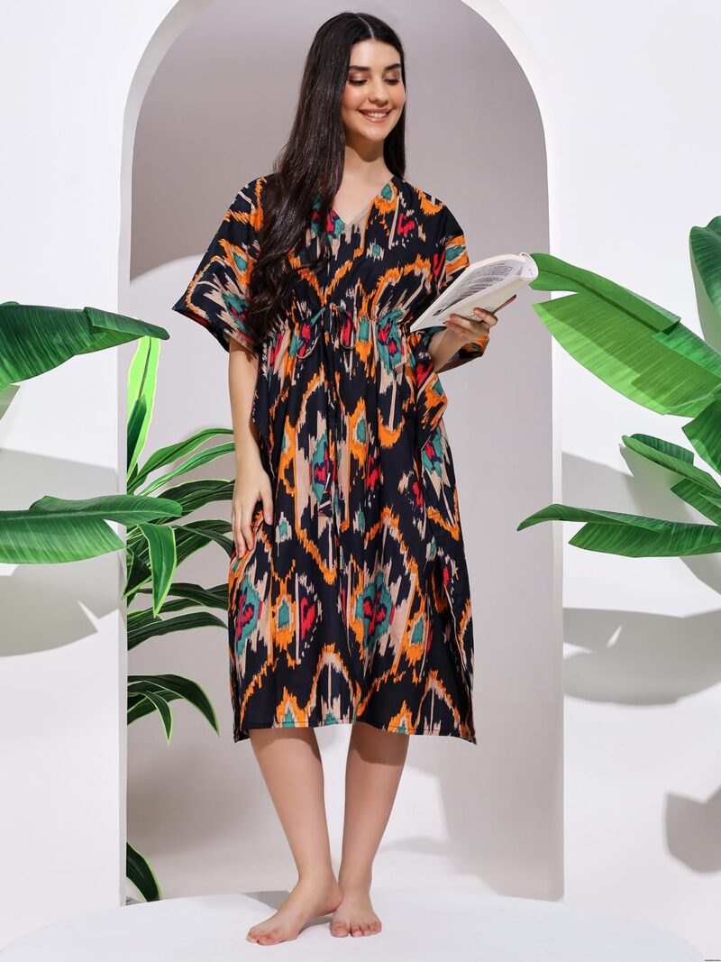 Ravaiyaa - Attitude is everything Women Black Ikat Printed Cotton V-Neck Knee Length Kaftan Dress Nighty - Image 5