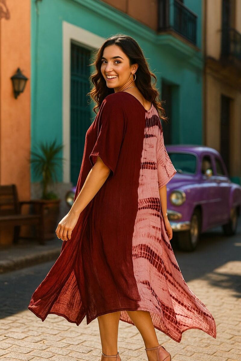 Maaesa Women Maroon Handcrafted Tie-Dye Rayon Loose Fit Kaftan Dress | V-Neck | Color Block Kaftan Style | Lightweight & Breathable Fabric | Casual Wear - Image 3