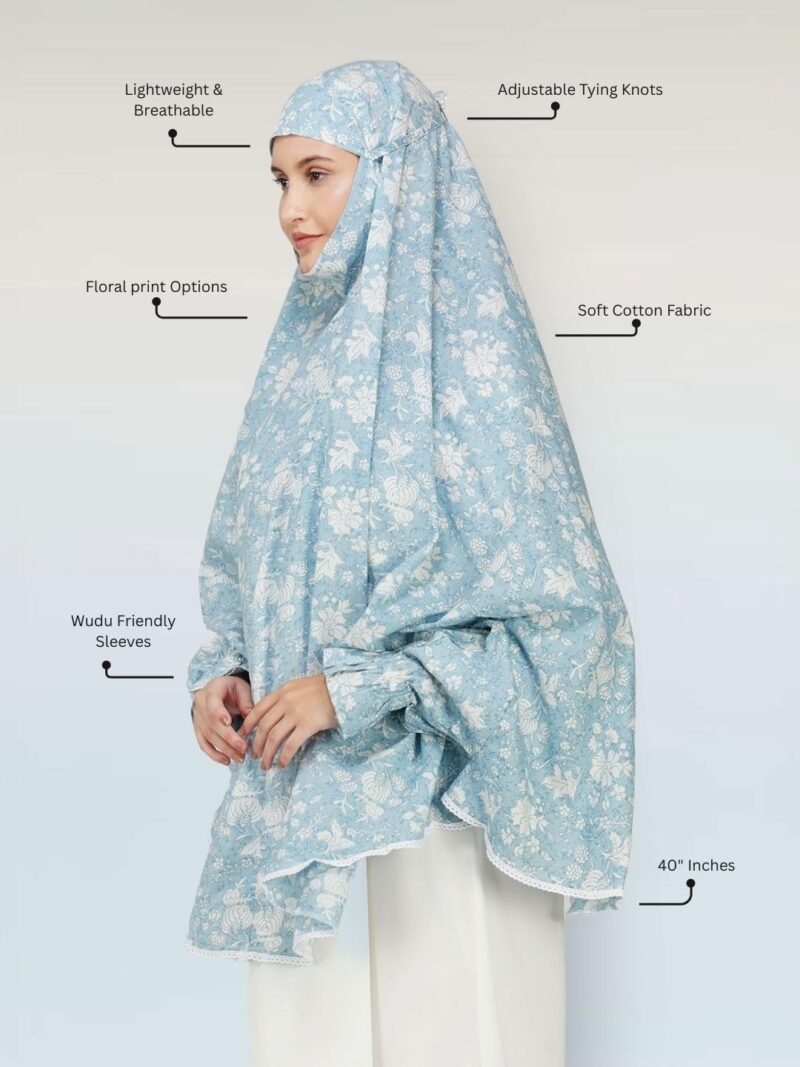 ANAApparels ANA Maham Blue Floral Prayer Dress – Pure Cotton Namaz Makhna with Tie Knot, 40″ Front × 44″ Back | Attached Sleeves | Lightweight, Breathable for Hajj, Umrah & Salah - Image 6