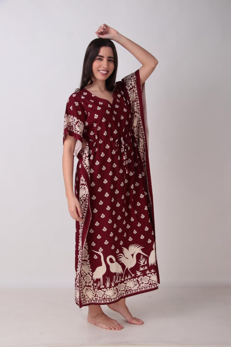 Masha Women's Cotton Printed Saras Kaftan Nighty Maroon - Image 3