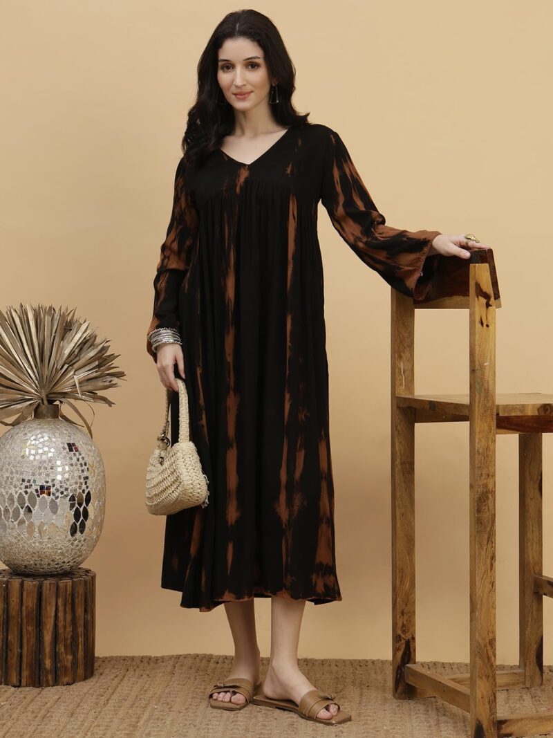 Maaesa Women Black Handcrafted Tie & Dye Rayon Staple V-Neck A-Line Dress | Casual & Office Wear | Lightweight & Breathable Fabric - Image 7