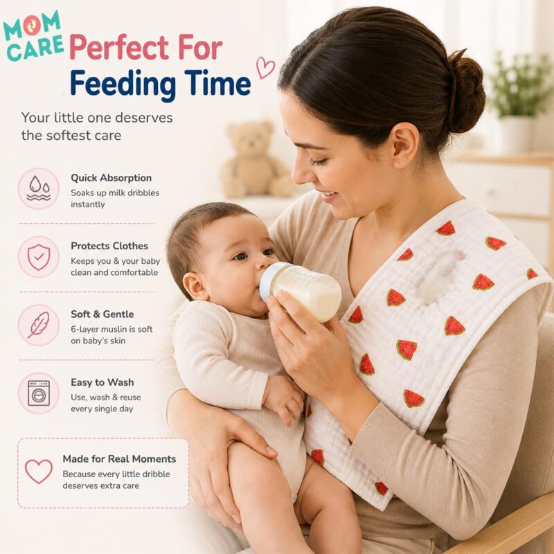 MOM CARE Muslin Cloth for New Born Baby | 6 Layer Soft Cotton | Burp Cloths, Baby Towels, Washcloth, Handkerchief & Feeding Wipe Cloth | Reusable | Pack of 5 - Image 4