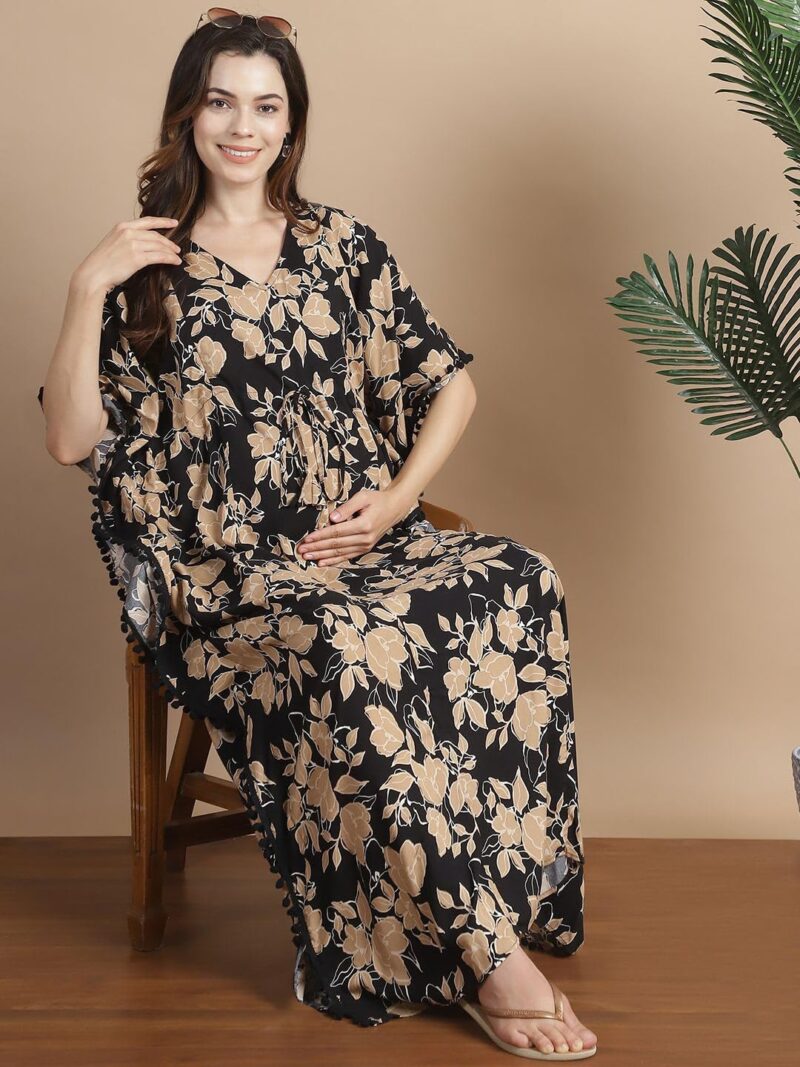 Secret Wish Women Rayon Black & Golden Floral Maternity Kaftan/Free Size/Feeding/Nursing/Zipper/Drawstring/Printed/Full Length - Image 6