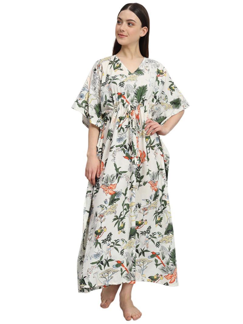 Ravaiyaa - Attitude is everything Women's 100% Cotton Printed Kimono Sleeves V-Neck with Adjustable Drawstring Long Kaftan (White Green)