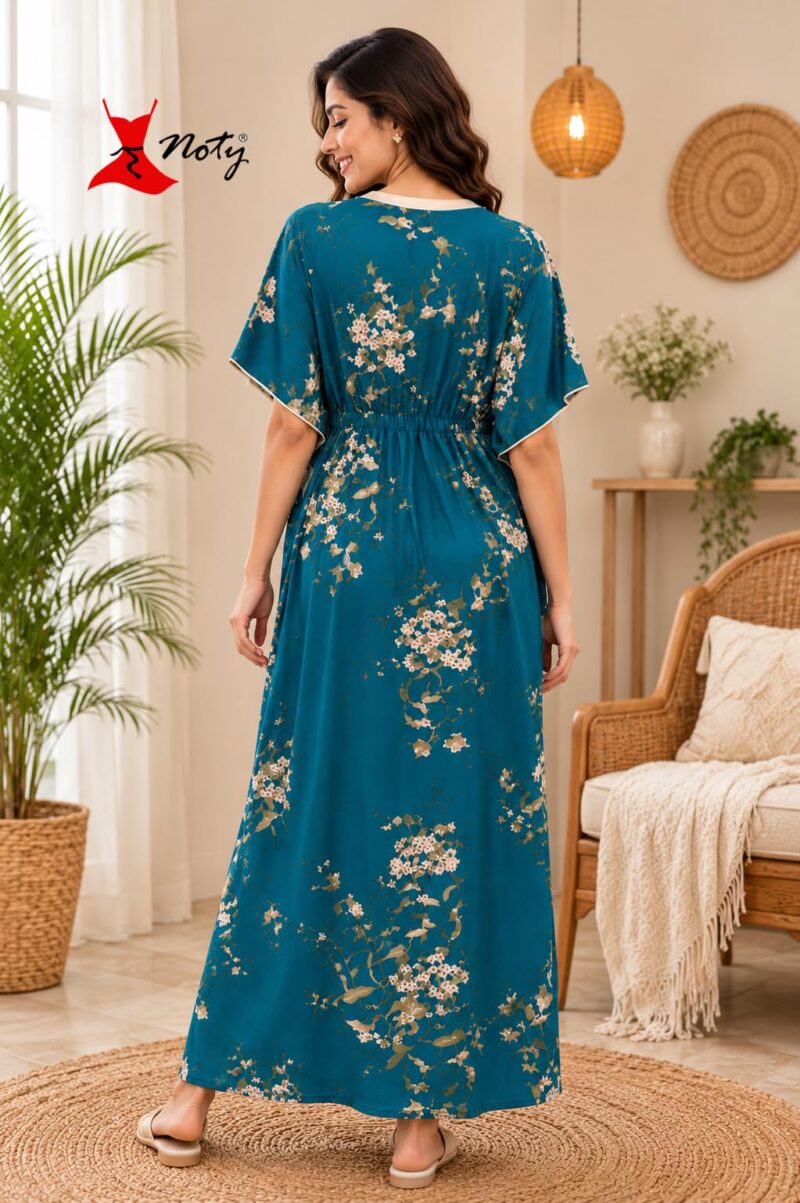 Noty® Women’s Printed Kaftan Nightwear | Long Lounge Dress with Drawstring Waist | Soft Lightweight V-Neck Nightdress for Women Teal - Image 5