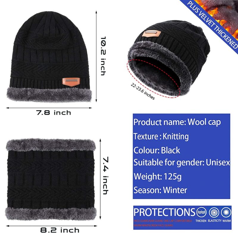 Wearslim Wool Premium Warm Knit Casual Style Hats, Skull Cap With Neck Warmer Winter Wear Beanie Hats Scarf Set For Men And Women - Black, One Size - Image 5
