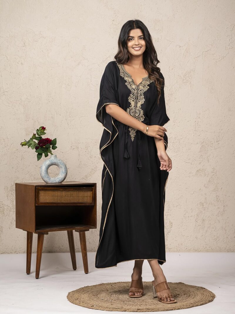Jaipur Export Quality 100% Pure Rayon Block Print Women's Designer Kaftan Dress || Soft and (Non-Transparent Fabric) b;ack morraccan Black - Image 6
