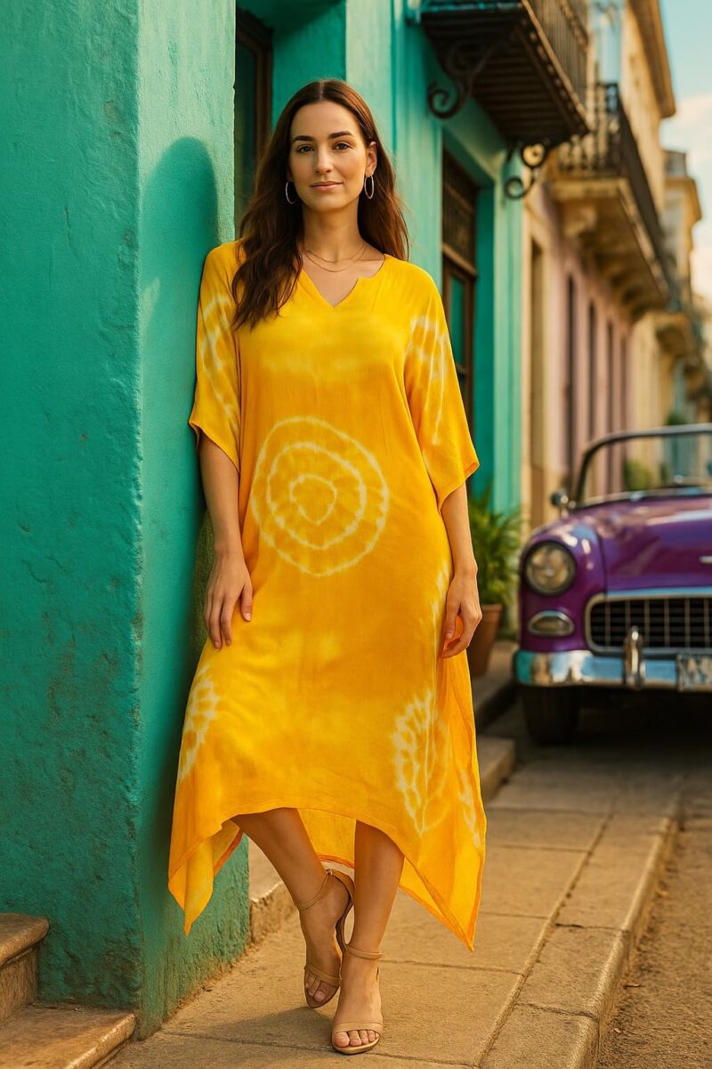 Maaesa Women Yellow Handcrafted Tie-Dye Rayon Loose Fit Kaftan Dress | V-Neck | Flowy Kaftan Style | Lightweight & Breathable Fabric | Casual Wear - Image 5