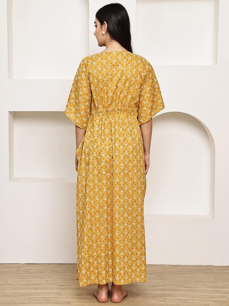 Secret Wish Mustard Floral Cotton Maternity Kaftan & Feeding Kaftan| Loose Fit Nursing Nighty with Zipper | Pregnancy Dress - Image 6