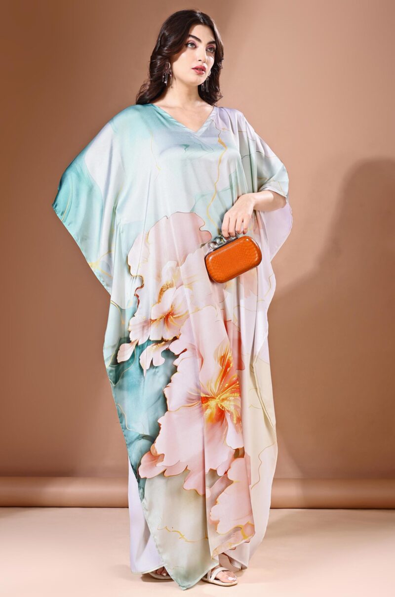 Label Aarna Premium Soft Satin Kaftan Dress for Women / Digital Print / Free Size (M-3XL) / Hidden Adjustable Belt / Full length / Maxi / Resort Wear - Image 8