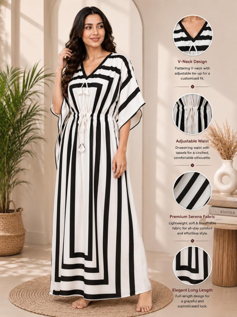 Noty Women's Kaftan Maxi Gown - Satin Serena Fabric - V Neck - Black Stripe Design - Cream - Free Size - Image 2